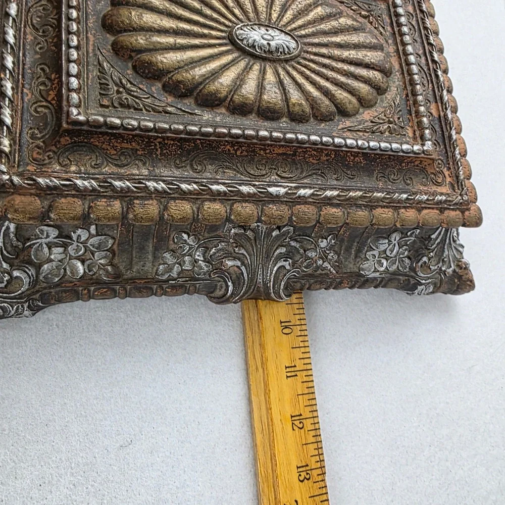 Syroco Vintage Ornate Bronze Silver Jewelry Box with Removable Wood Tray 12in